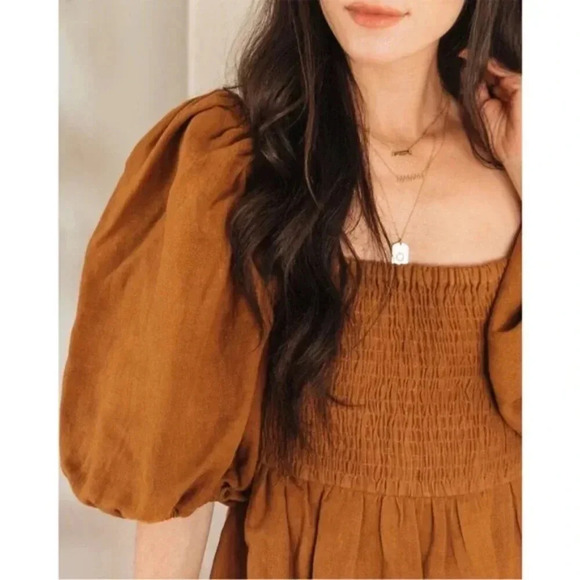 Sézane Carlie Dress Linen Puff Sleeve In Camel - Picture 4 of 9